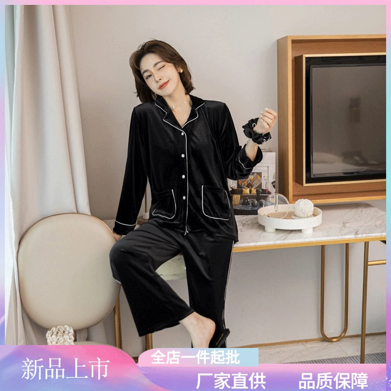 

Pajamas Women's Autumn Winter New Long Sleeved Golden Velvet 2Pcs Set Large Lapel Cardigan Sexy Sleepwear Home Clothes Nightwear