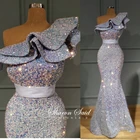 Женское вечернее платье с блестками, розовое, изумрудно-зеленое платье с одним открытым плечом и юбкой годе для гостей свадьбы