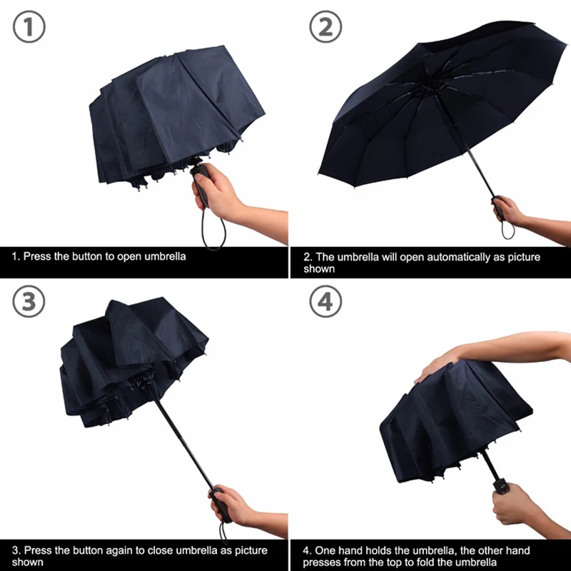 Зимняя складной полностью автоматический зонт мужские черные Водонепроницаемый