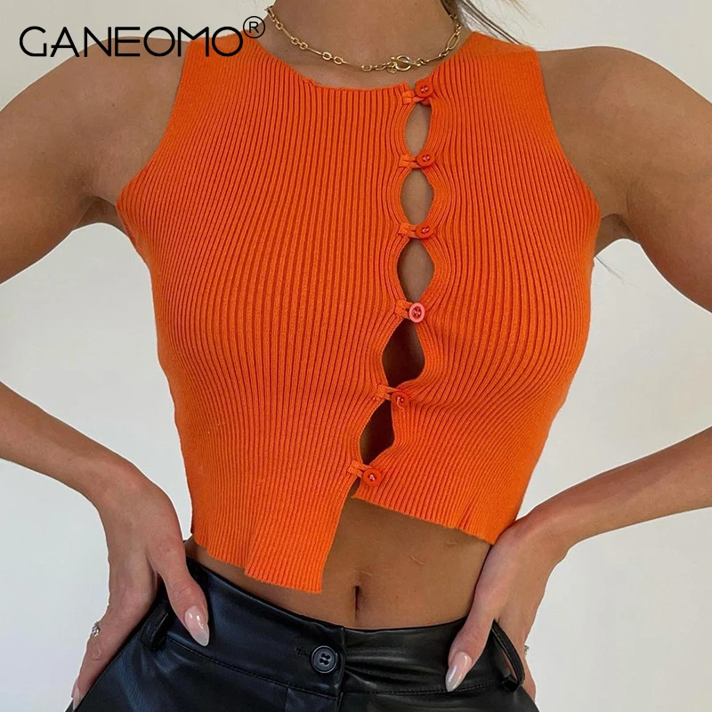 

Женский трикотажный короткий топ без рукавов, однотонный черный или белый Повседневный укороченный топ оранжевого цвета, лето 2021