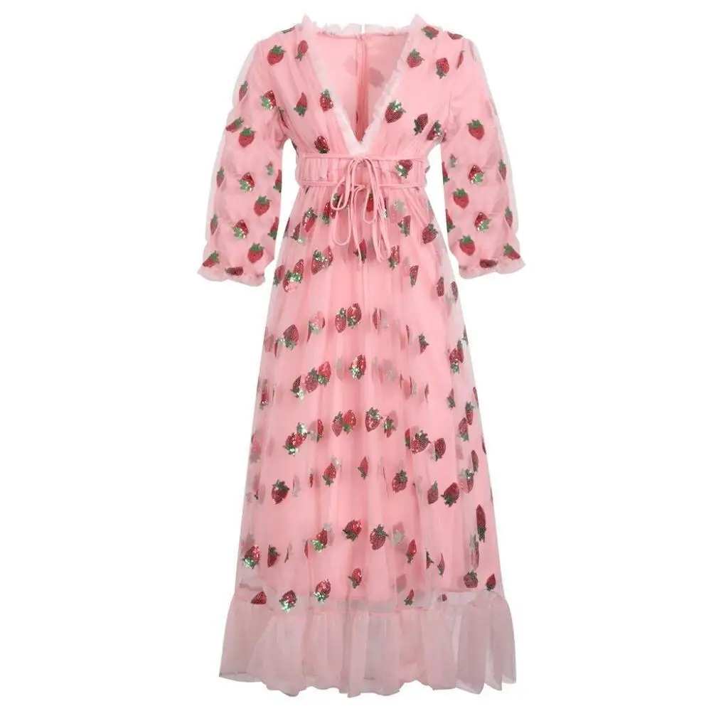 

Women Dress Embroidery V-neck Ribbon Dresses Short Sleeve Sweet Strawberry Ruffle Lace Maxi Women's Dress 2020 Summer Fashion