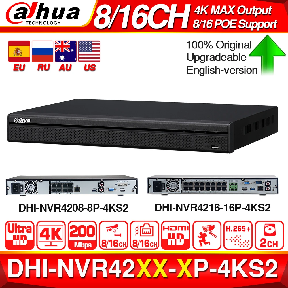 Dahua 4K NVR NVR4208-8P-4KS2 NVR4216-16P-4KS2 с поддержкой PoE порта 4K POE H.265 2 SATA для профессиональной ip-камеры системы безопасности