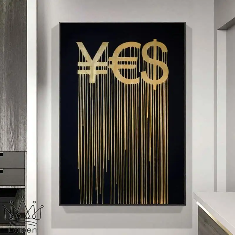 

Golden Rmb Euro and Dollar Abstract Canvas Painting Money Symbol Art Posters and Prints Modern Picture On Wall for Office Decor