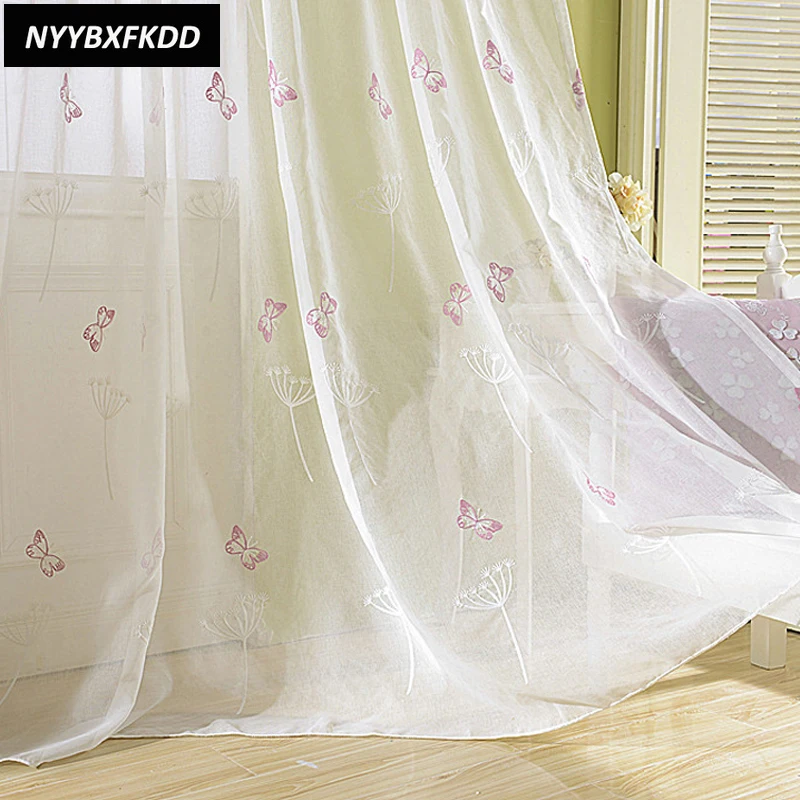 

Embroidered Pink Butterfly Tulle Curtains for Bedroom Sheer Dandelion Window Drapes Panels for Girls Room Living Room