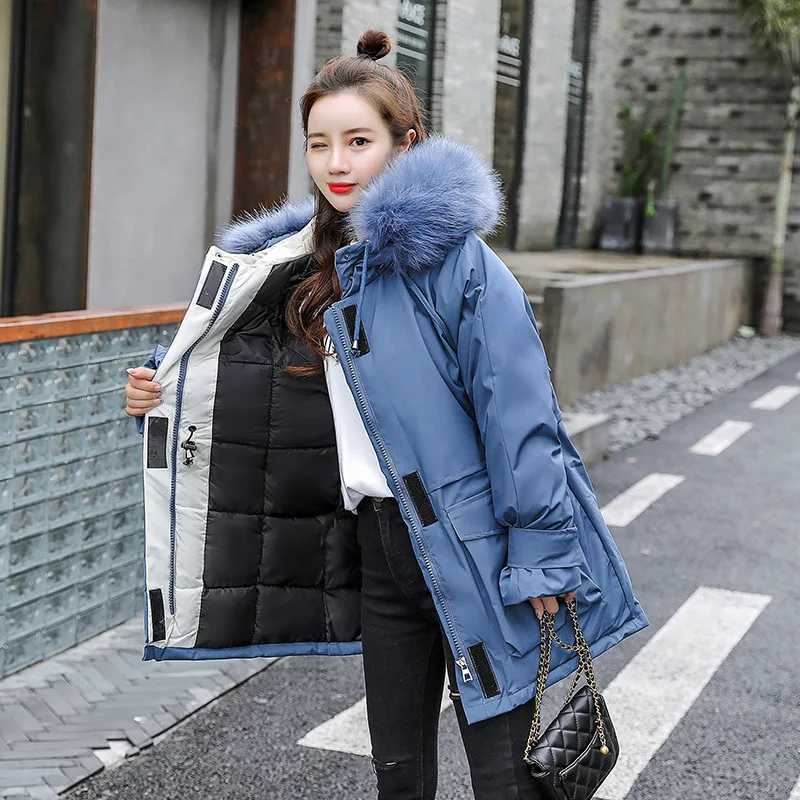 

Spring Parkas 2021 New Fashion Short Cotton Fur Liner Hooded Parkas Women with Pockets Fur Collar Warm Jackets and Coat Clothes