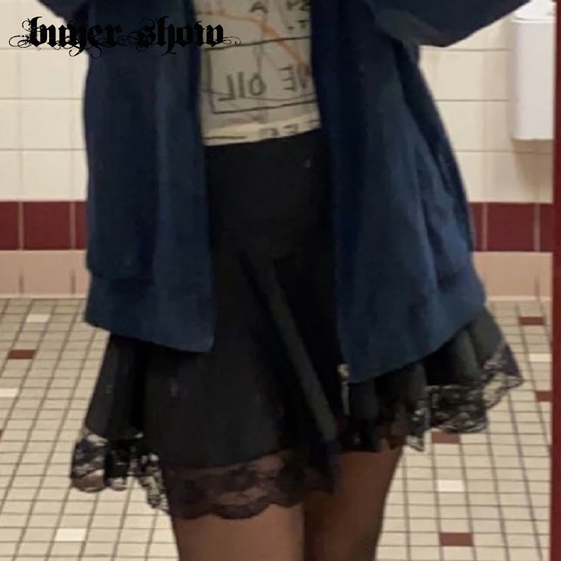 

Gothic Lace Patchwork Hem Mini Skirts Black Pleated High Waist A-Line Women Skirt Summer Fashion Streetwear Outfits