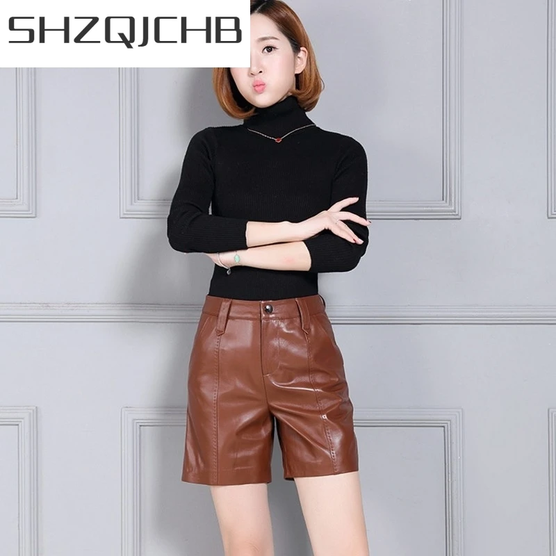 JCHB 2021 Genuine Leather Fashion Womens Shorts Streetwear High Waist Casual Stretchy Trousers Punk Comfort High Quality Pantalo