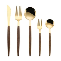 5pcs stainless steel dinnerware set dessert cake forks break knife coffee tea spoon gold cutlery set wood kitchen tableware tool