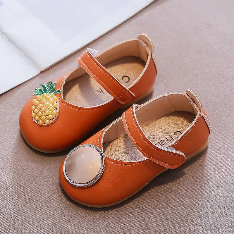 

Toddlers Girls Leather Shoes Cute Fruit Pineapple Children's Mary Janes Sweet Special Baby Flats Kids Dress Shoes for Party 2021