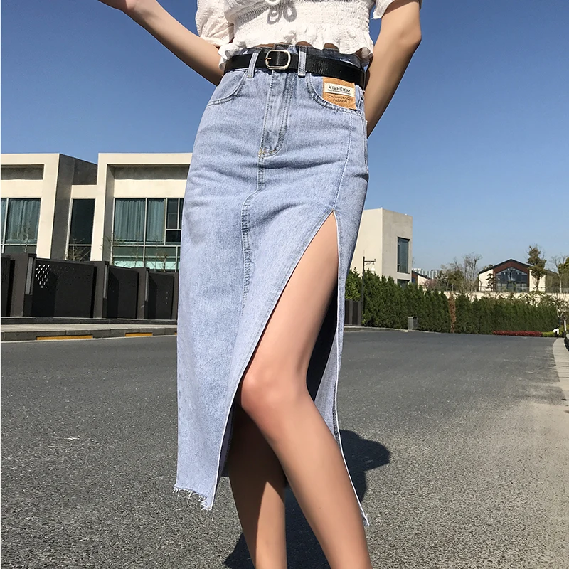 

Side Split Denim Skirts Women Summer High Waist Long Jeans Skirts With Belt Korean Plus Size Sexy Midi Skirts jupe femme