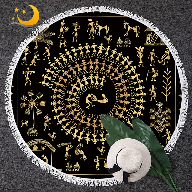BlessLiving Egyptian Black Gold Round Beach Towel Ancient Art Adult Large Towel Retro Circle Blanket Cover With Tassel 150cm 1