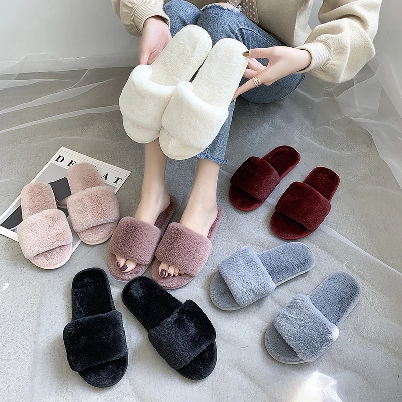 

Furry Slippers Women Winter Indoor Shoes Ladies Fluffy Flip Flops Female House Slippers Sweet Home Shoes Furry Slides Black Pink
