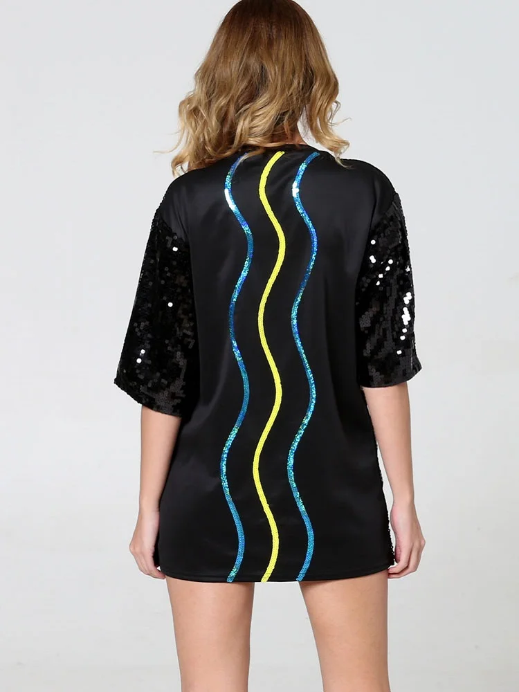

CHIC Spring New 2021 Summer Cool Punk Women Sequined Long T-Shirt Hip Hop T Dress Europe Girls Casual Loose Tops Stay Home Style