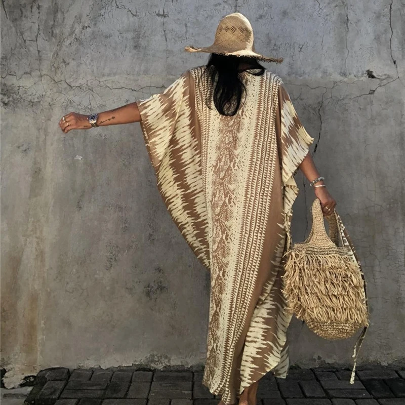Длинное Хлопковое платье-кафтан в пляжном стиле с принтом змеиных полос богемном