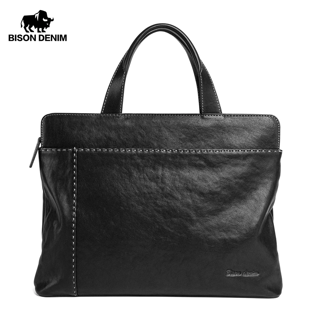 

Bison Denim Luxury Briefcase Genuine leather Men Bag 14 inch laptop Bag Handbag High Quality Men's Business Top Handle Bag
