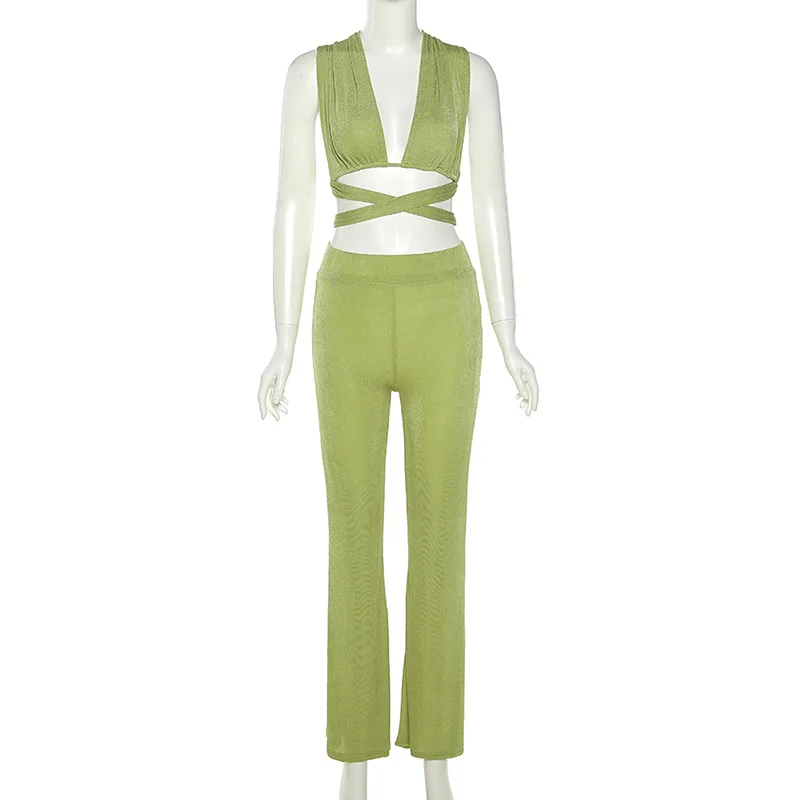 Summer Sleeveless Sexy Bandage Backless Top and Pant Sets Fashion Outfits Matching Set Flare Pants Women's |