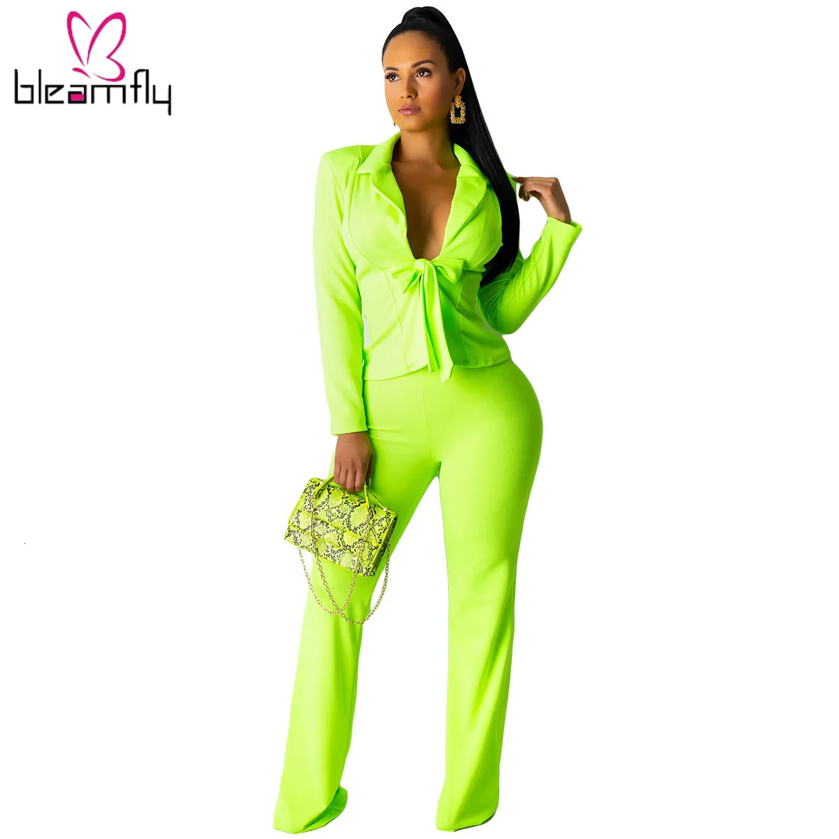 Осень Зима Женский однотонный неоновый зеленый белый блейзер и брюки костюм из