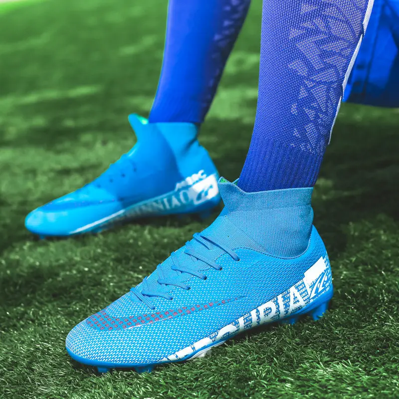 Hot Sale Blue High Ankle Soccer Shoes Men Outdoor Non-Slip Men's Football Boots Breathable FG/TF Soccer Cleats Training Sport