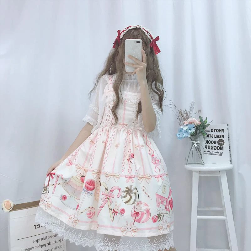 

Женское летнее платье JSK Lolita, праздничное японское платье для косплевечерние, милое мягкое платье с подтяжками для девушек, милое мультяшно...