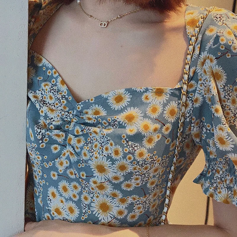 

Female Dresses Hot Sale V-Neck Puff Sleeve Print Slim Folds Side Slit Elegant Prairie Fairy Sweet Summer A-line Dress