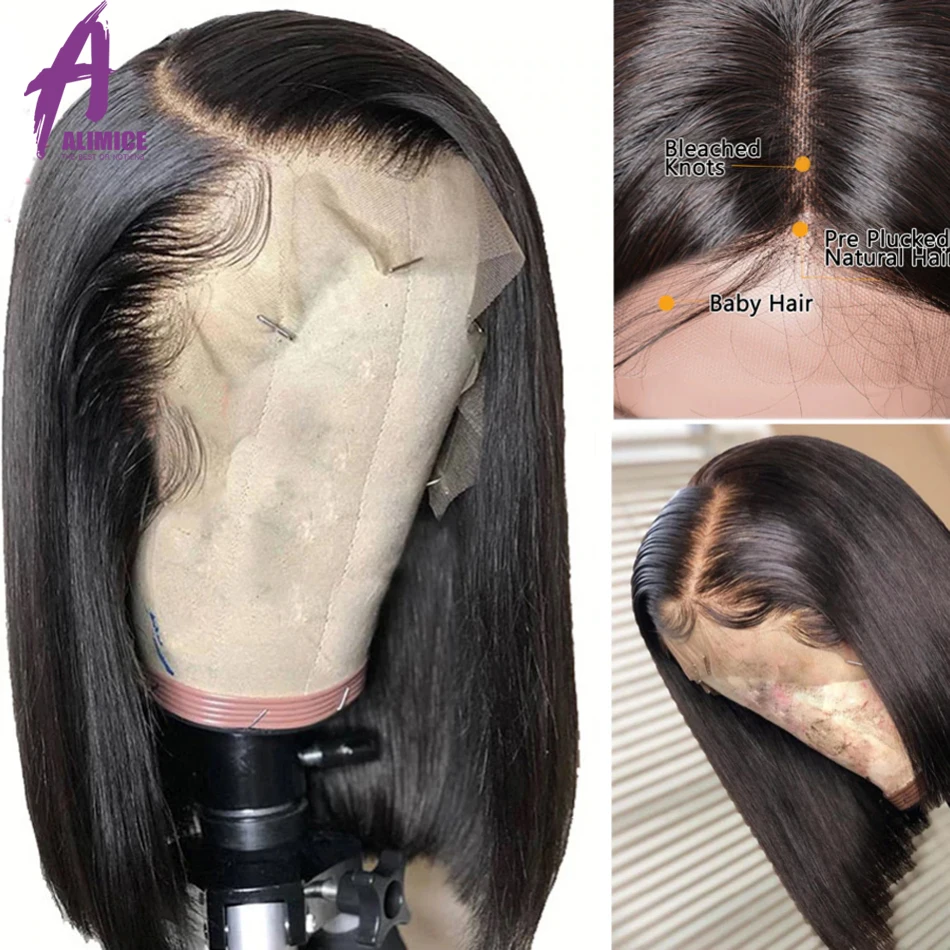 150% Lace Front Human Hair Wigs For Women Pre Plucked Malaysian Straight Remy 13X4 Short Bob Bleached Knots | Шиньоны и парики