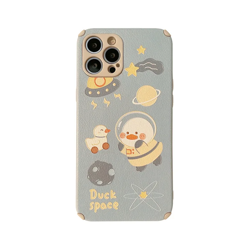 Space duck leather phone case cute cover for iphone 11 12 mini 13 14 pro max 7 8 plus xs max xr x cartoon funda conque capa