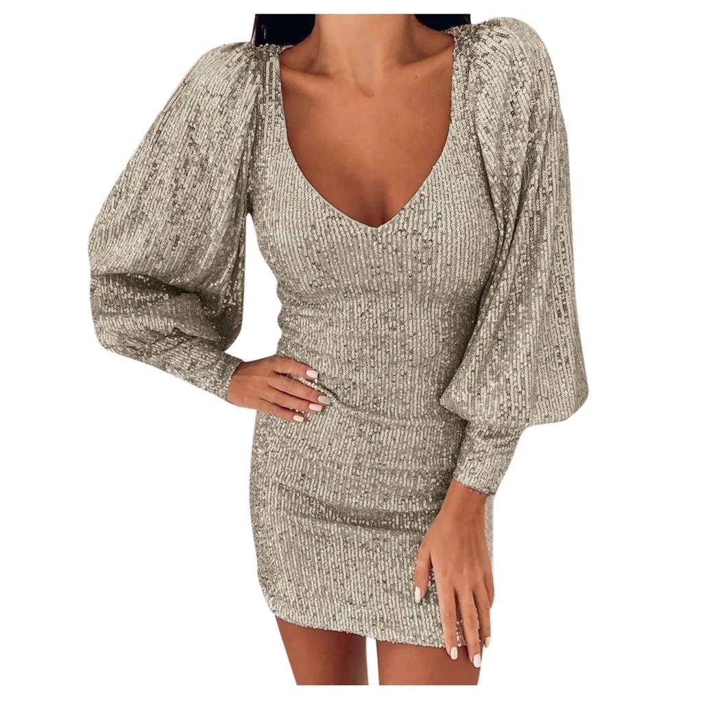 Женское Новое Сверкающее платье с блестками женское тонкое рукавами фонариками