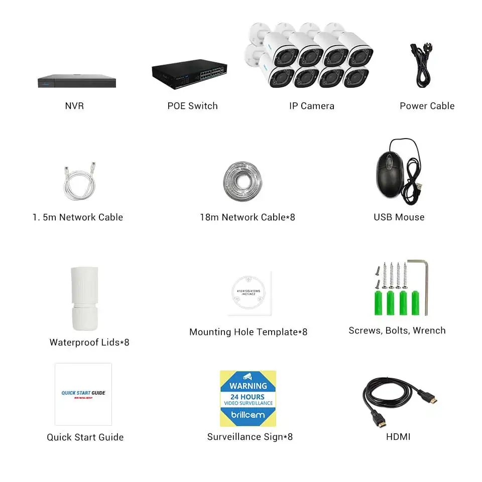 

Brillcam 16CH 4K POE Network Video Security System 8MP H.265+ NVR With 8X 8MP 30m EXIR Night Vision Weatherproof IP Cameras Kit