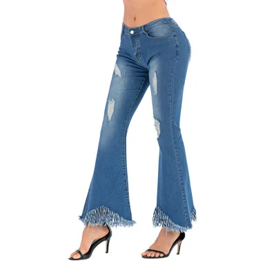 

Hot style fringed stretch ripped jeans for women bell-bottom washed mid waist flare jeans casual fashion street ripped jeans