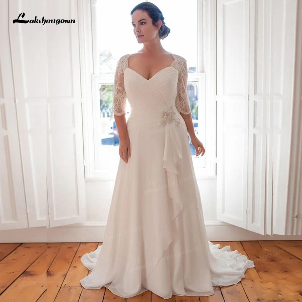 

Elegant Plus Size Wedding Dresses Vestido De Novia Longo Beaded Beach Chiffon Bridal Dresses with Sleeves Robe de Marriage
