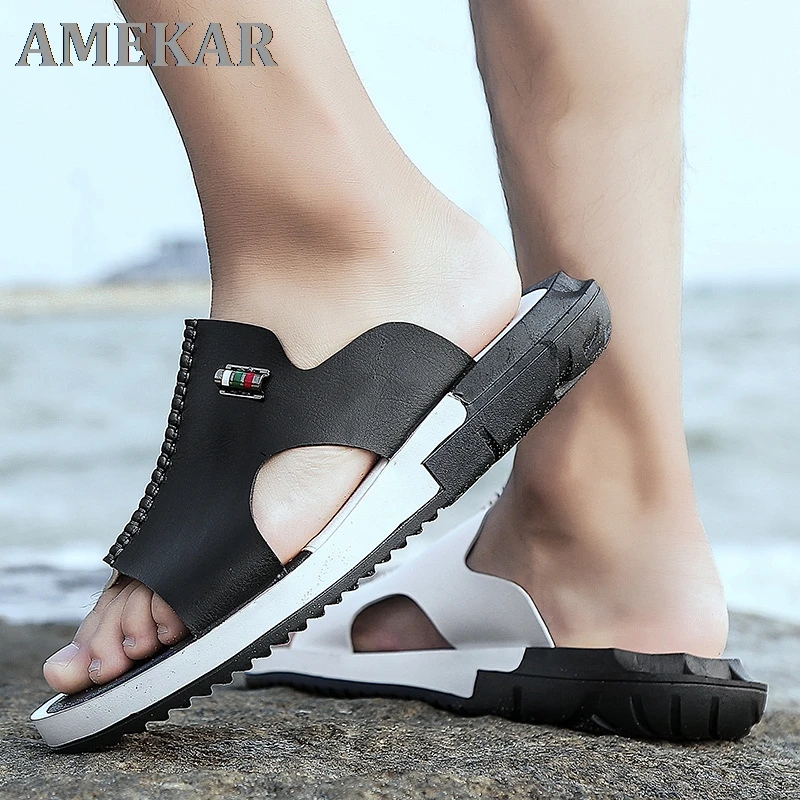 

Men's Summer Sandals Original Leather Comfortable Slip-on Casual Sandals Fashion Men Slippers Zapatillas