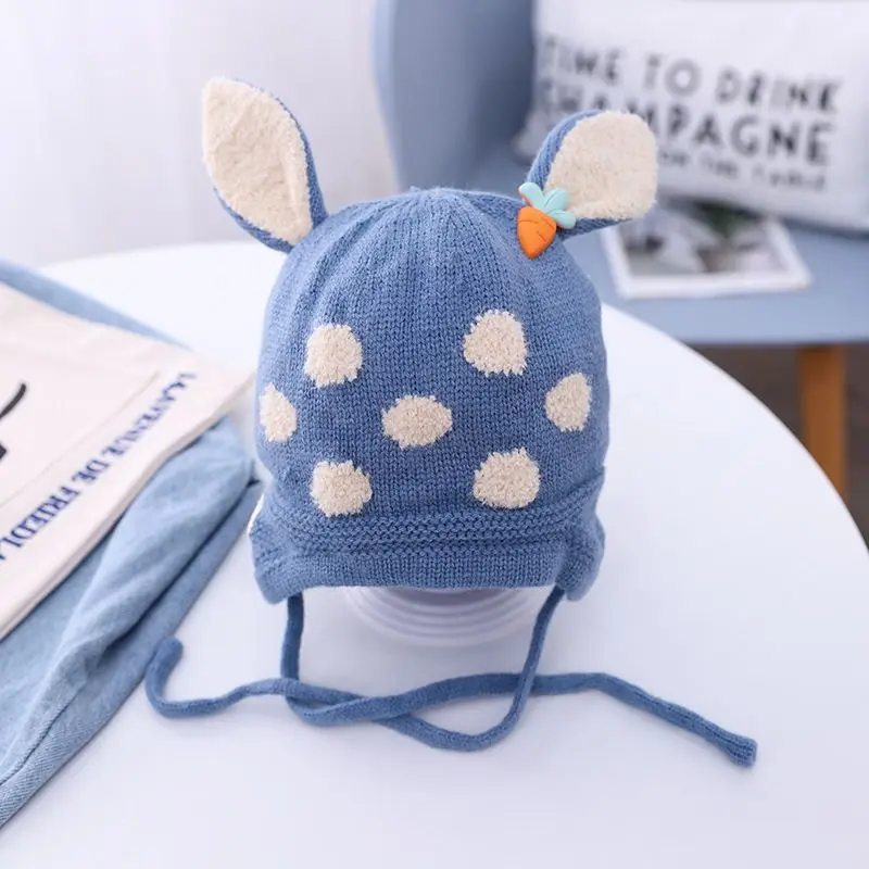 

48cm Winter Newborn Baby Warm Hat Super Cute Cartoon Style Polka Dot Knitted Hat Baby Lace-up Ear Protection Cap 0-24M
