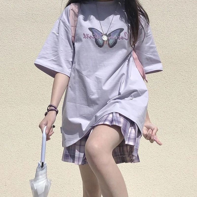 

Ins Fashion Summer Lovely Butterfly Short Sleeve Teen Girls T-shirt Casual Sweet Retro Lazy Wind Oversize Round Neck Women Tee