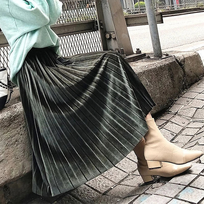 

High Waist Solid High Quality Midi Skirt Fashion Women Long Skirts 2021 Autumn New Casual A-Line Women Pleated Skirts Female