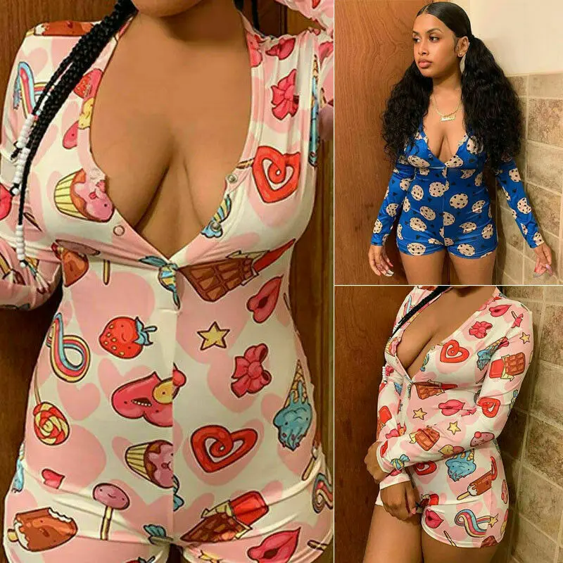 

New Ladies Sexy V Neck Stretch Bodycon Women Sleepwear Jumpsuit Printing Shorts Romper Bodysuit Leotard Top