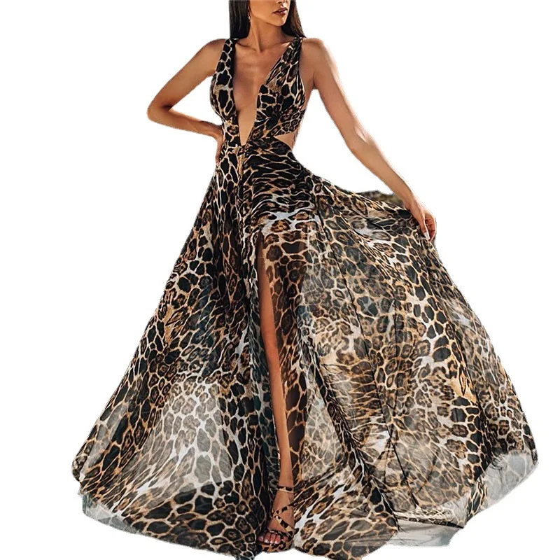 Женские Платья-макси с леопардовым принтом сексуальные платья глубоким