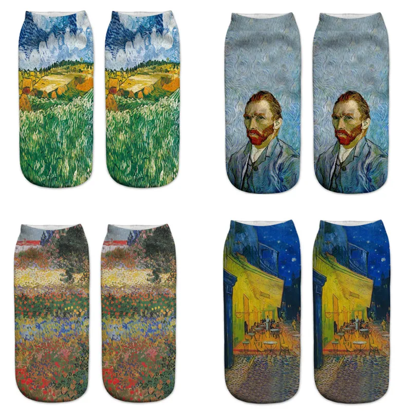 

3D Oil Painting Women Van Gogh Sunflower Print Art Socks Low Cut Ankle Sock Starry Night Retro Famous Painting Unisex Painless