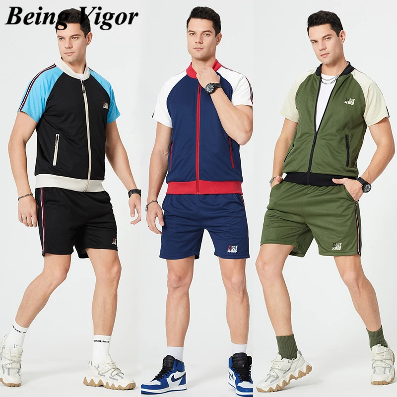 

Being Vigor Summer Short Sleeve Men Fitted Tracksuit Quick Dry Hoodies With Shorts Sport Soccer Two Pieces Sets Euro Size