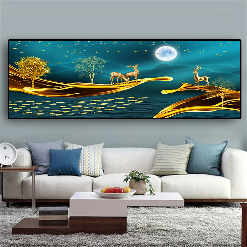 Абстрактный пейзаж с лунным светом и оленями на холсте, постер и печать произведения искусства для украшения гостиной (без рамки).