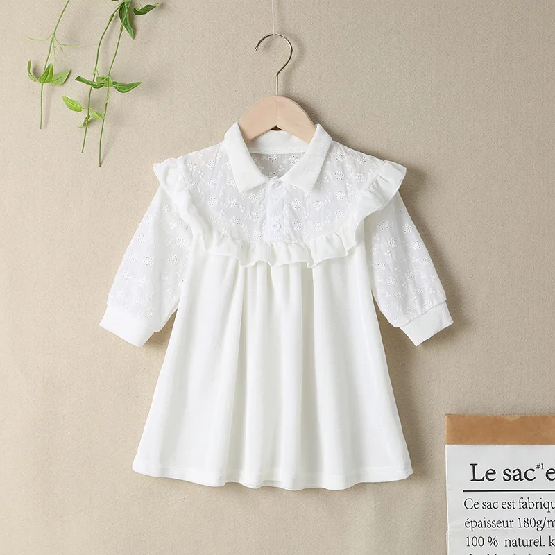 

Winter 2021 New Arrivals Girls Dress Cotton Long Sleeve Turn-down Collar Ruffles White Solid Cute Streetwear Dresses 0-24M