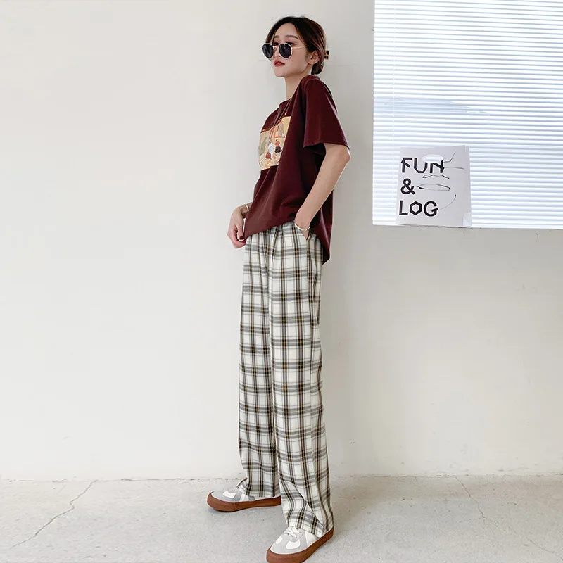 

Plaid pants women's summer thin section high waist loose straight drape was thin casual chiffon wide leg pants ins tide