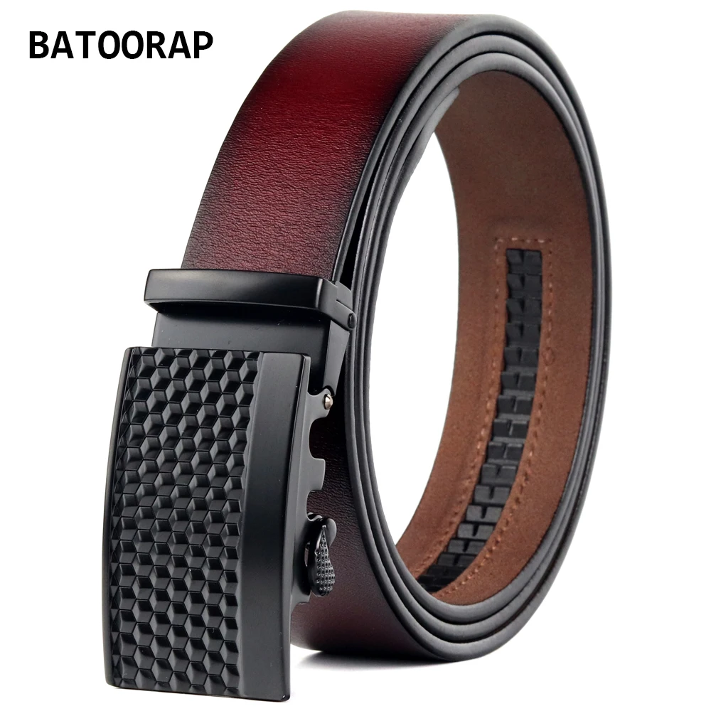 

BATOORAP Designer Men's Leather Belt Ratchet Metal Buckle Vintage Jeans Waist Strap Male Cowskin High Quality Red Belt 43"-51"