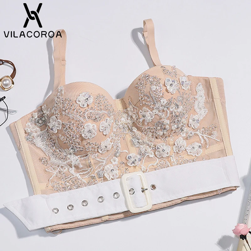 Camisoles Tube Top Beaded Sequins Women Corset Top Belt Stitching Embroidery Sling Top Vest Vintage Sexy Skinny Female Crop Top