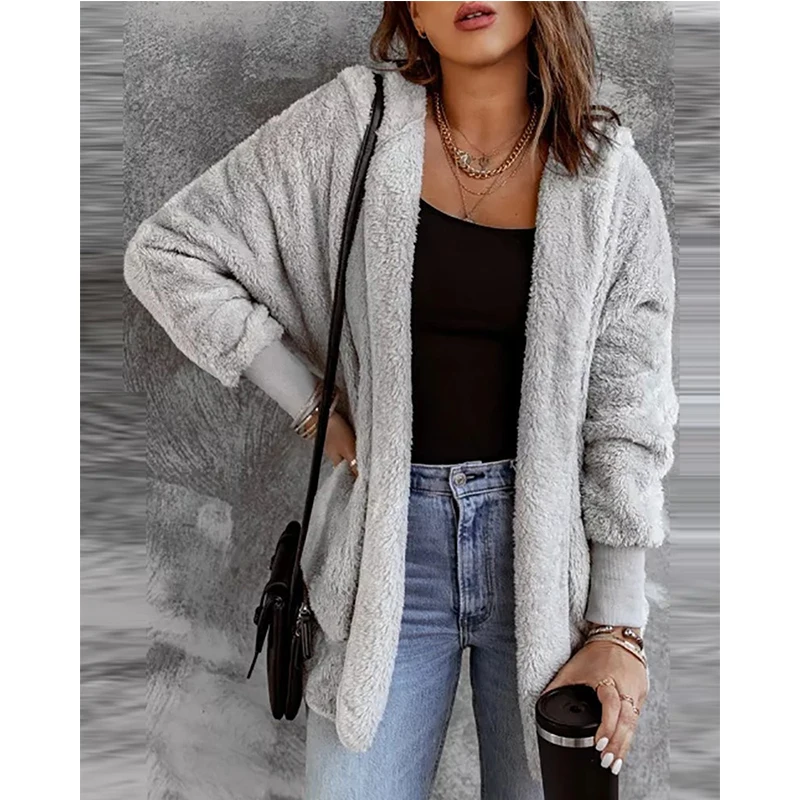 

Autumn Winter Plush Long Sleeve Coat Women 2022 Solid Gray Casual Loose Vintage Pocket Ladies Fashion Jacket Cardigan Sj8919R