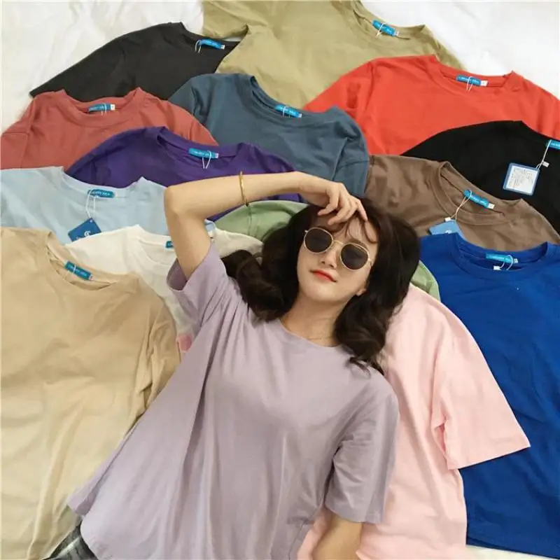 Купи 16 Color Macaron Short-sleeved Summer Women's Loose Solid Color T-shirt Women's Short-sleeved Top Loose O-neck Basic T-shirt XXL за 439 рублей в магазине AliExpress