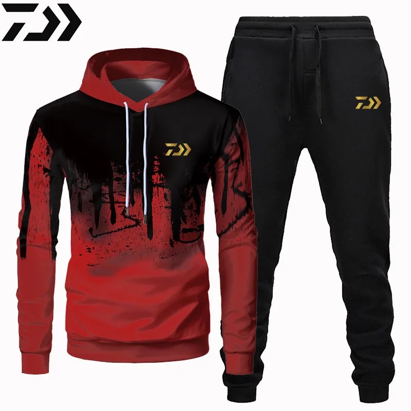 

Men Autumn Winter Daiwa Fishing Suits Tracksuit Hooded Sweatshirt Drawstring Sportswear Male Suit Pullover Two Piece Casual Set