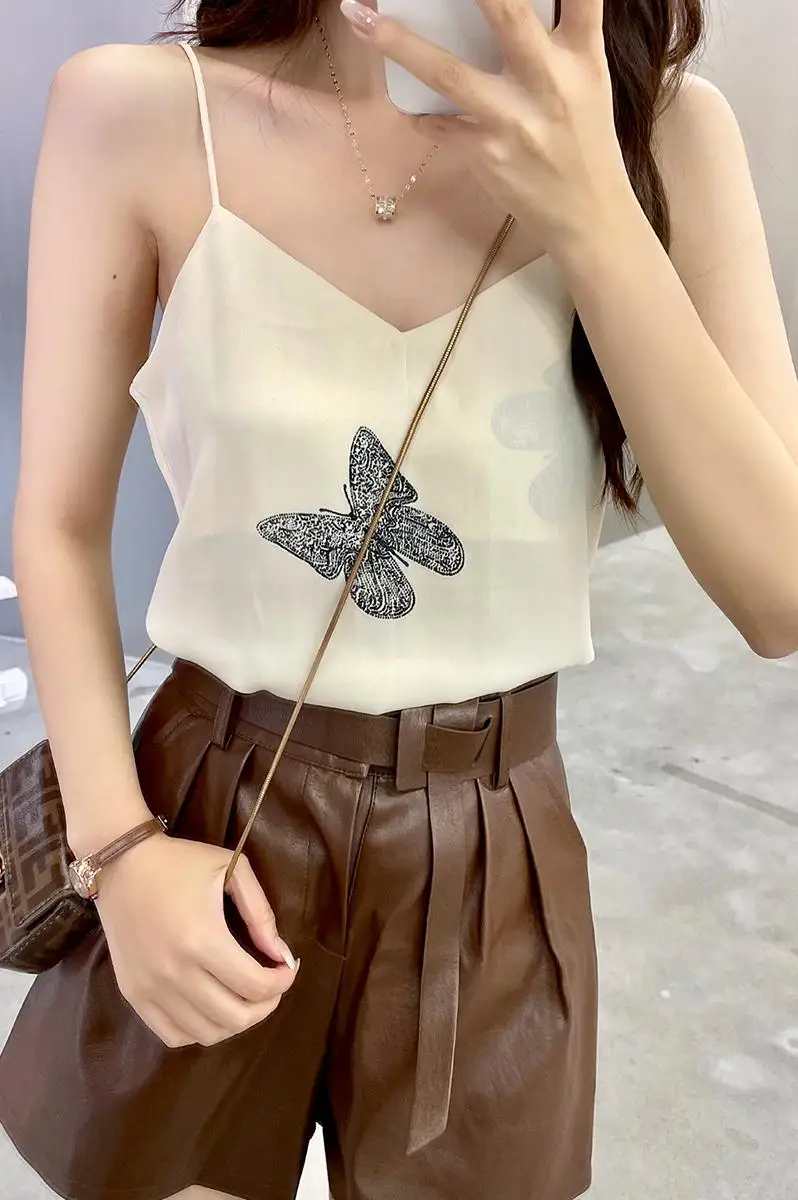 

Spaghetti Strap V Neck Tank Tops Women Sleeveless Satin Silky Camisole 2021 butterfly printing Camisole tops for women