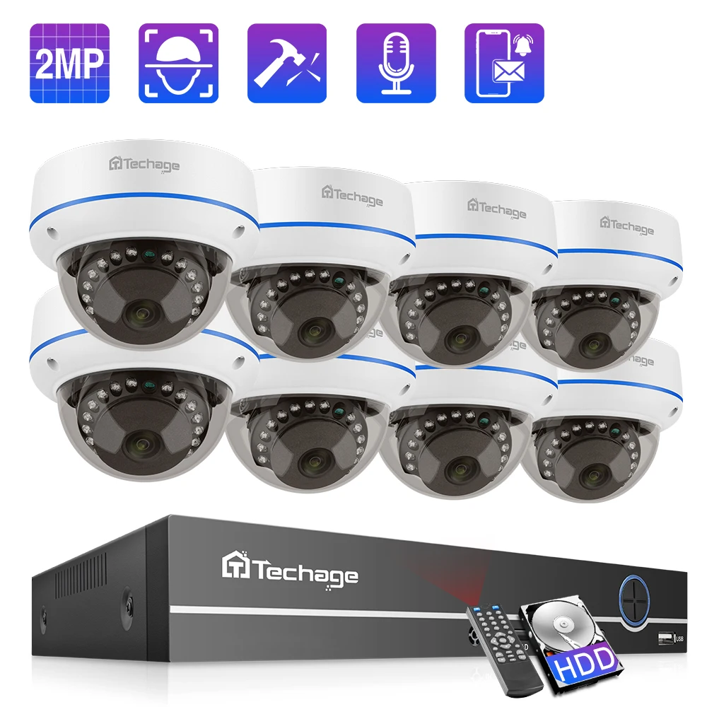 Комплект камер видеонаблюдения Techage 8 каналов 1080P POE NVR 2 МП HD купольная IP камера