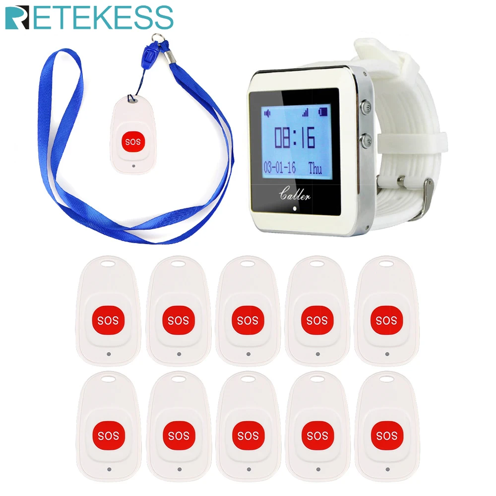 Retekess Wireless Calling System Watch Receiver+10 Call Bell Emergency Call Button for the Elderly F9465B