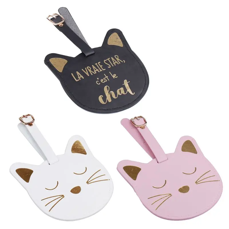 

PU Leather Luggage Name Tag Cute Kitten Print ID Label Travel Suitcase Bag Tags